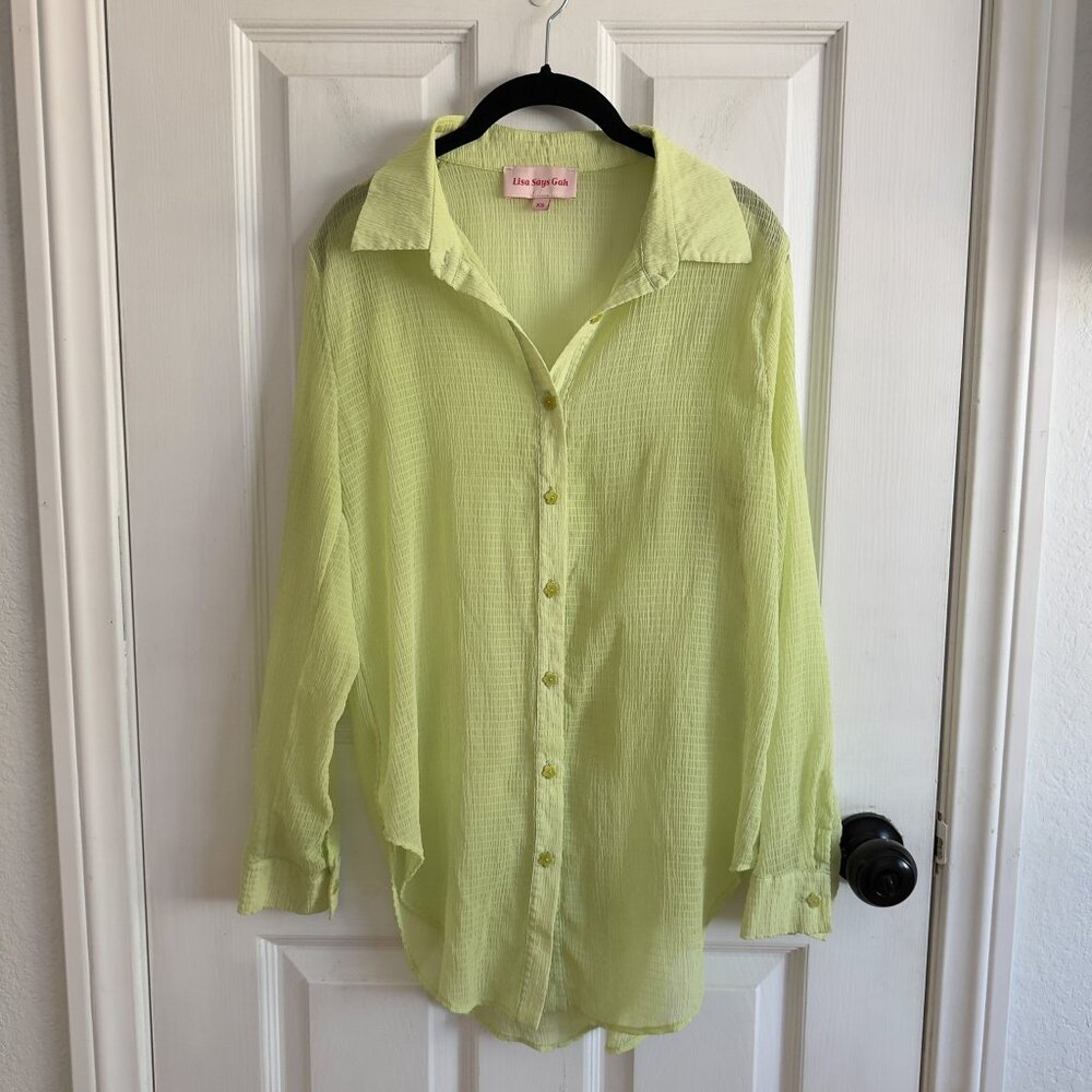 Lisa Says Gah Lime Shirred Textured Sheer Flower Button Up Blouse Size XS